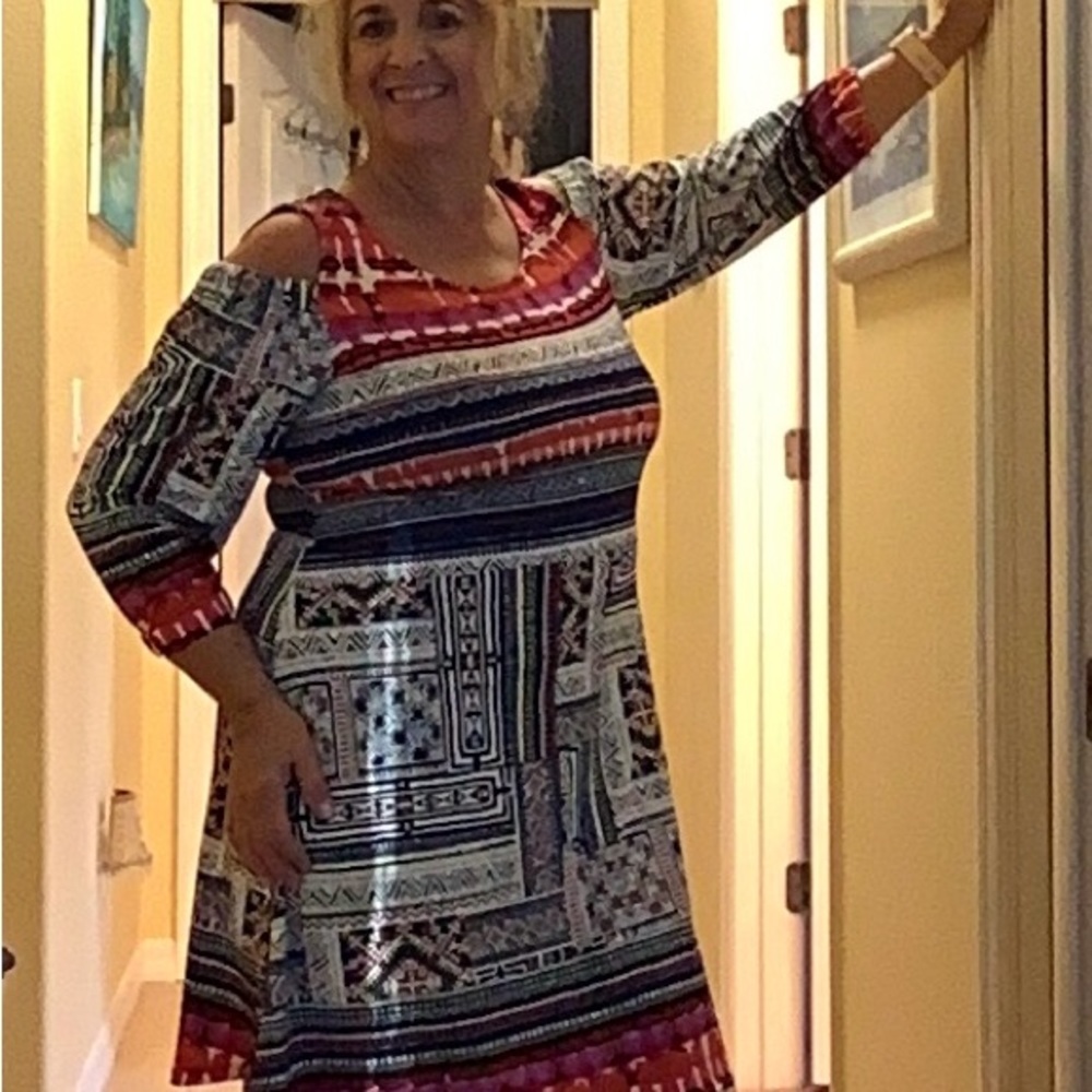 Cold shoulder dress by a new directions, size medium red, white, blue, purple.